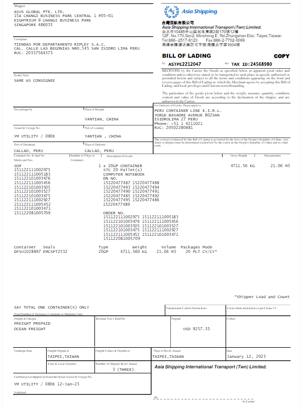 SINGAPORE ASIA SHIPPING utility bill Word and PDF template